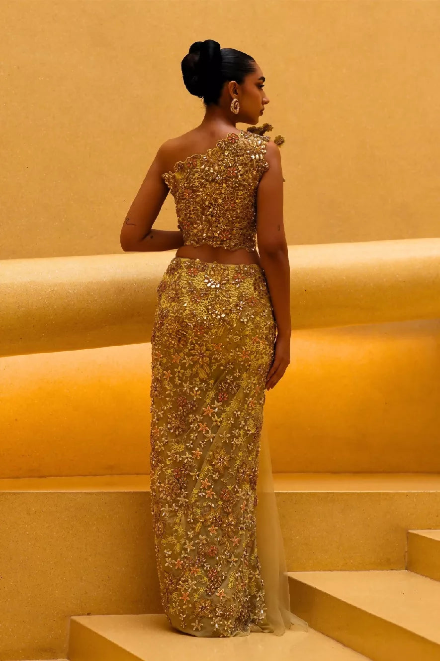 Ember 3D Structured Draped Saree in Cocoon & Yellow