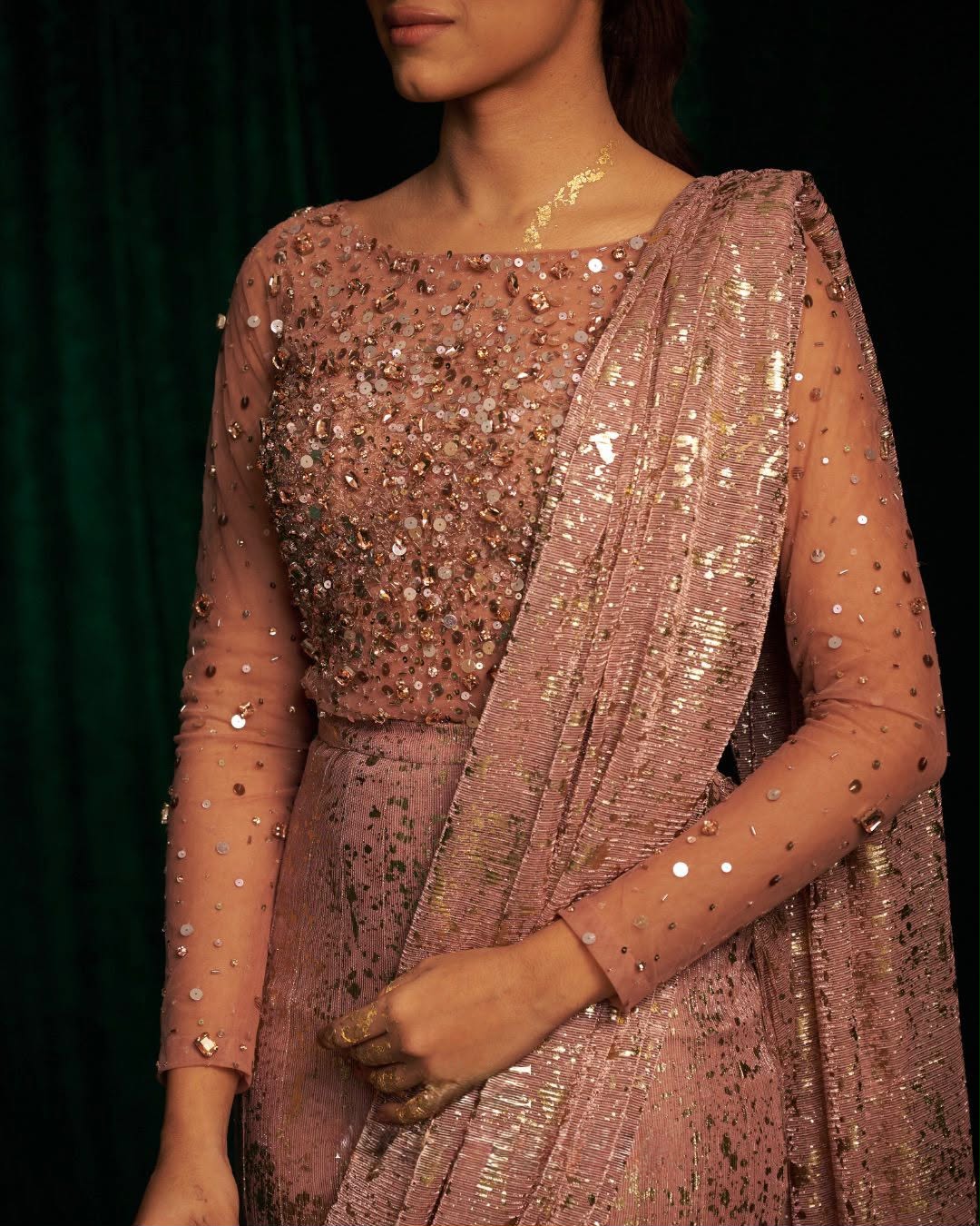 Full Sleeve Embellished Bodysuit With Fishtail Saree