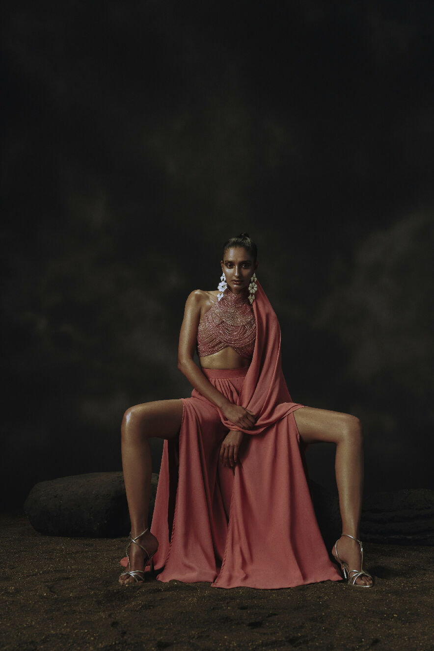 Pink Ombre Bead Blouse with Palazzo Pants & draped pallu