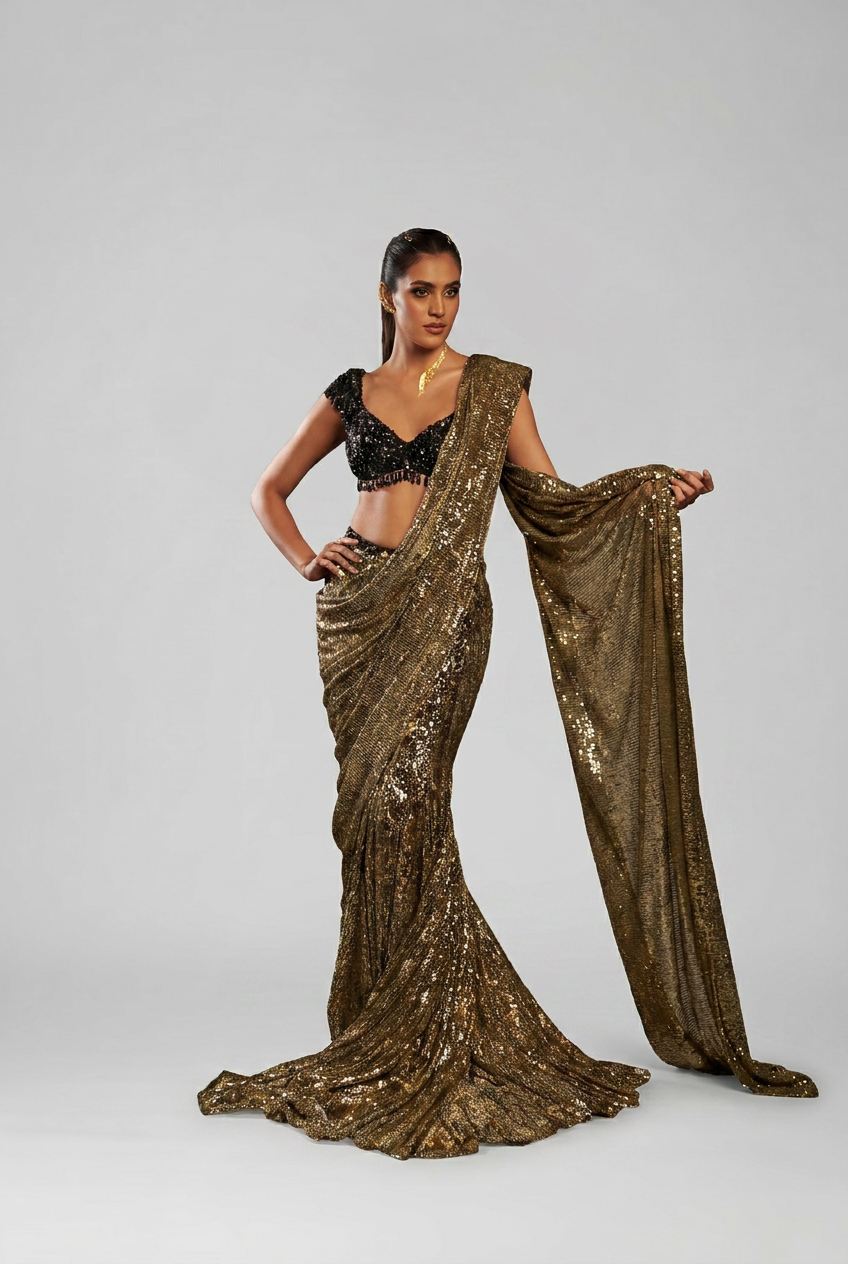 Black embroidered Blouse with Fishtail Saree