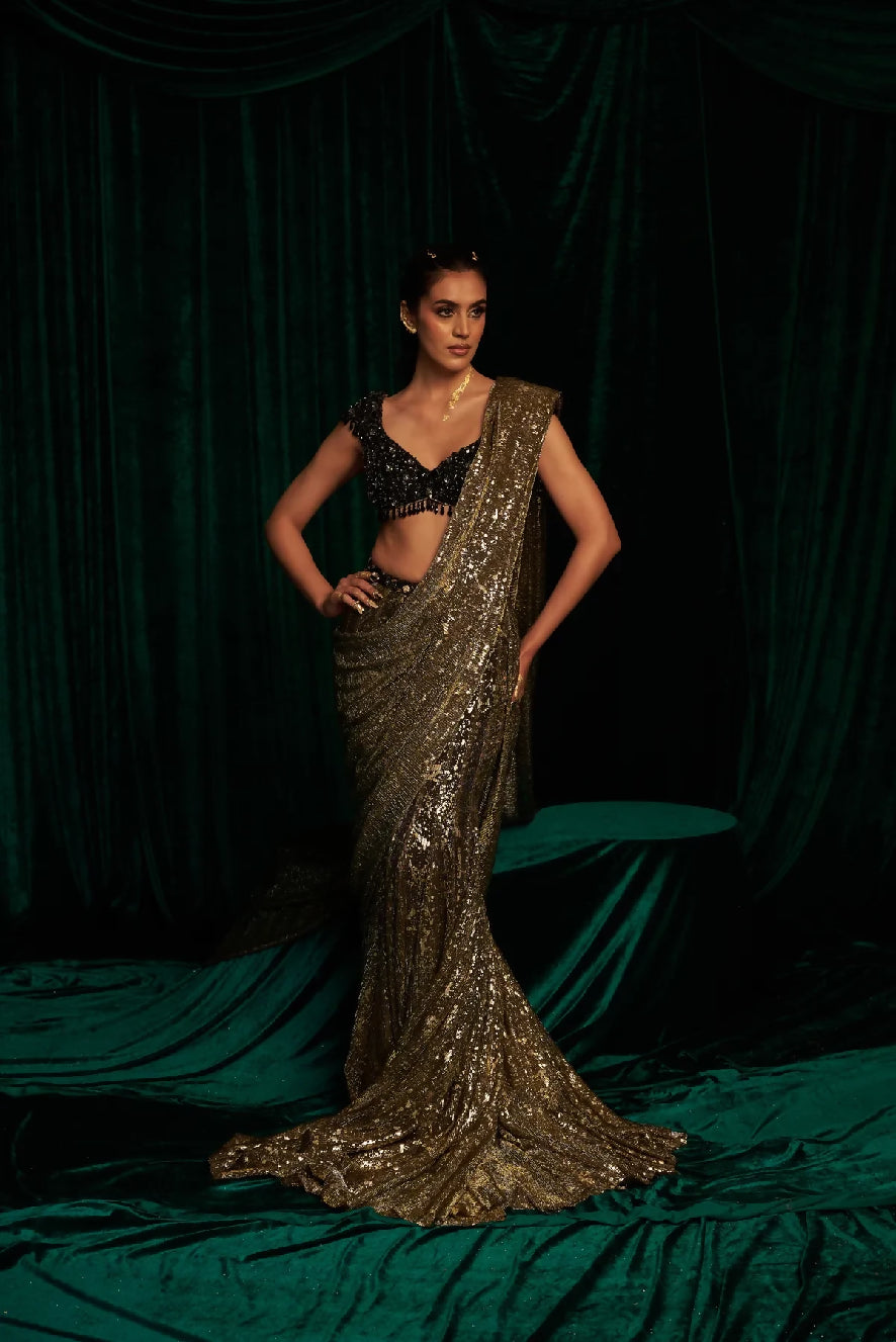 Black embroidered Blouse with Fishtail Saree