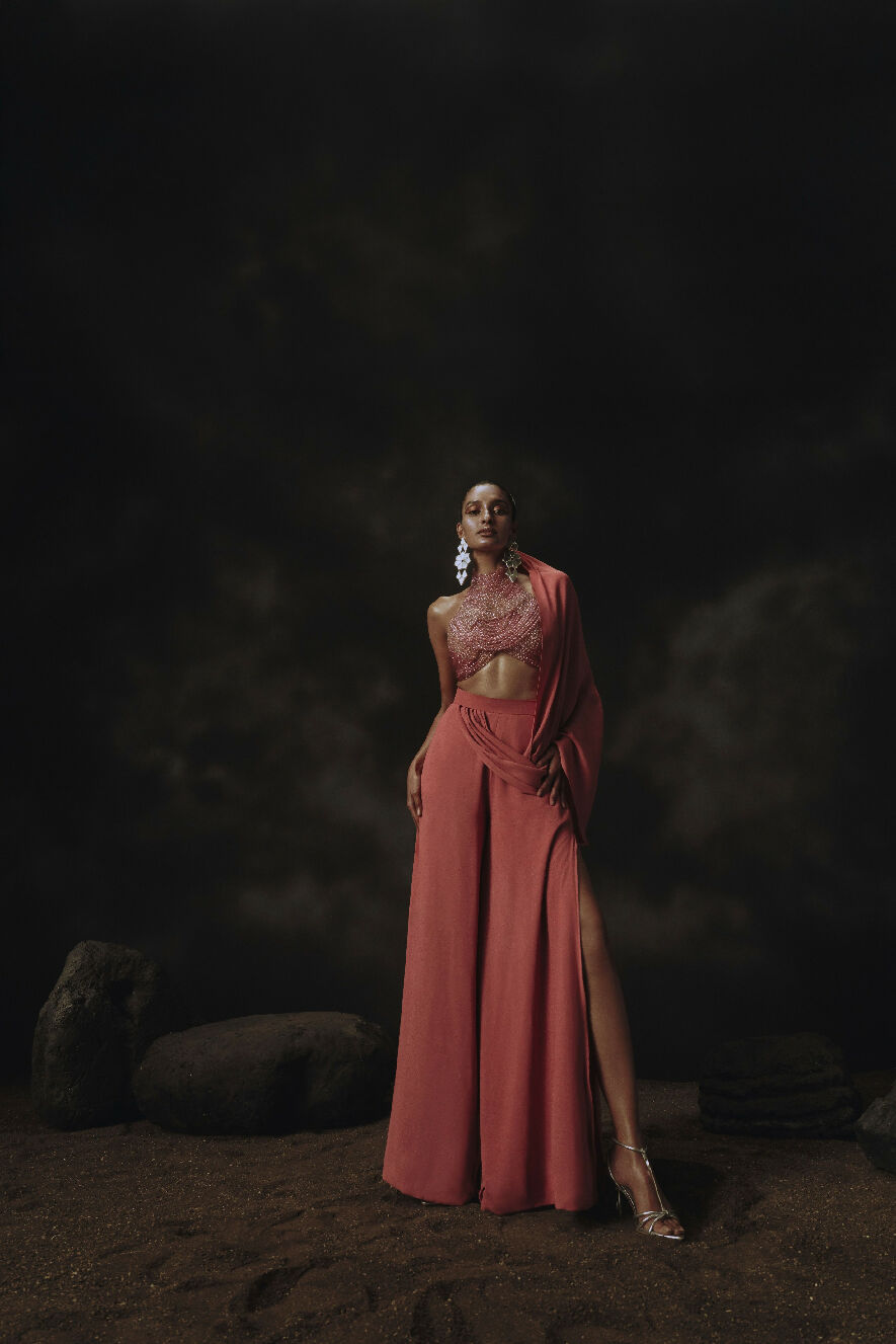 Pink Ombre Bead Blouse with Palazzo Pants & draped pallu