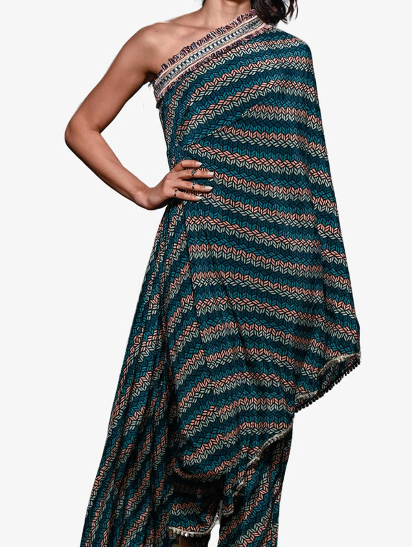 Blue Leaf Print One Shoulder Drape Saree With Trousers