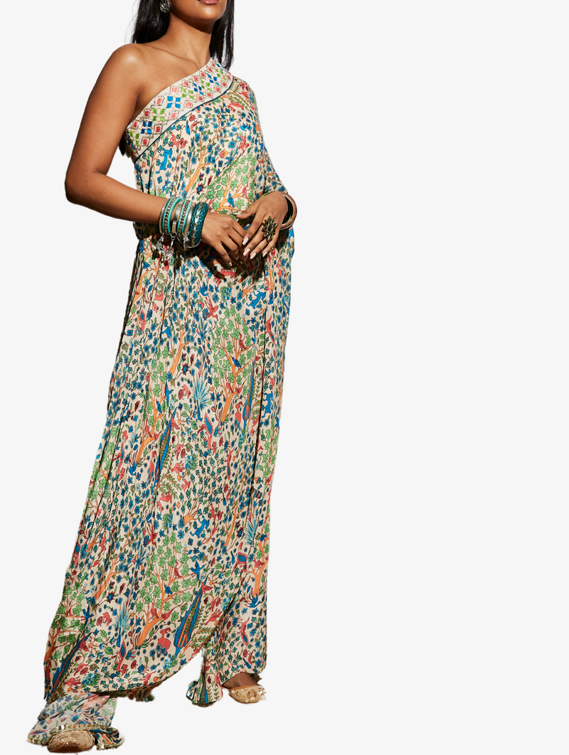 Bagh Print One Shoulder Drape Saree With Trousers