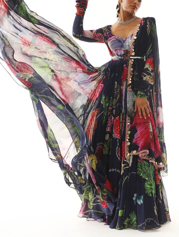 Printed Anarkali with embroidered Dupatta and belt