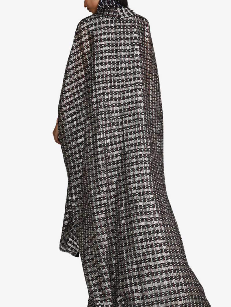 Black Jaali Print Chanderi Drape Skirt And Cape Paired With Turtle Neck Printed Top