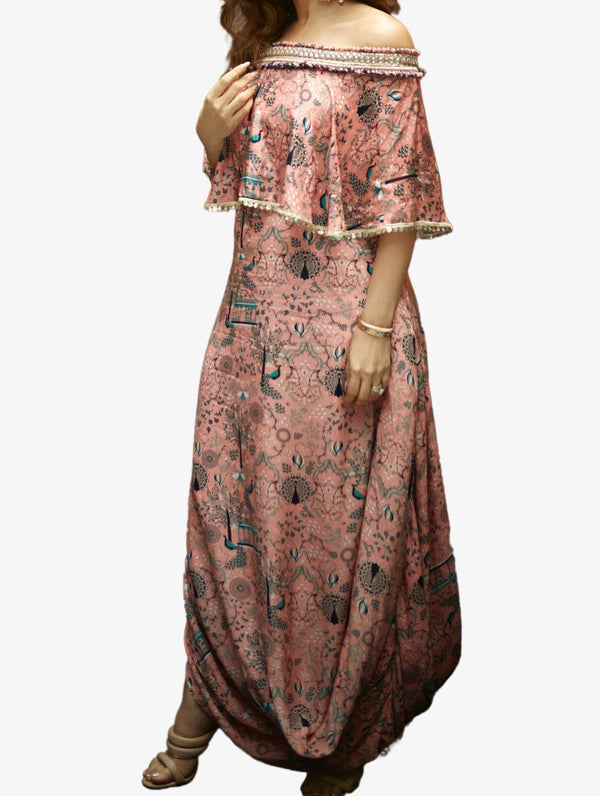 Pink Mor Jaal Off Shoulder Cape With Attached Drape Dress