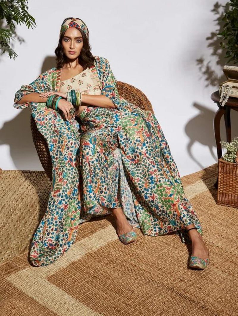 Bagh Print Palazzo Trousers With Embroidered Bustier And Cape