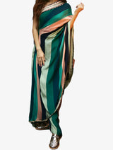 Stripes Print One Shoulder Draped Sari Teamed With Trousers