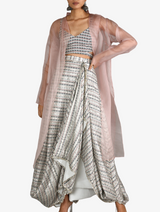 White Jaali Print Chanderi Drape Skirt With Printed Bustier Paired With Blush Pink Organza Jacket
