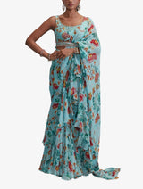 Blue Floral Ruffle Embroidered Sari