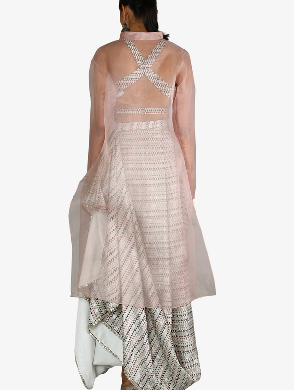 White Jaali Print Chanderi Drape Skirt With Printed Bustier Paired With Blush Pink Organza Jacket