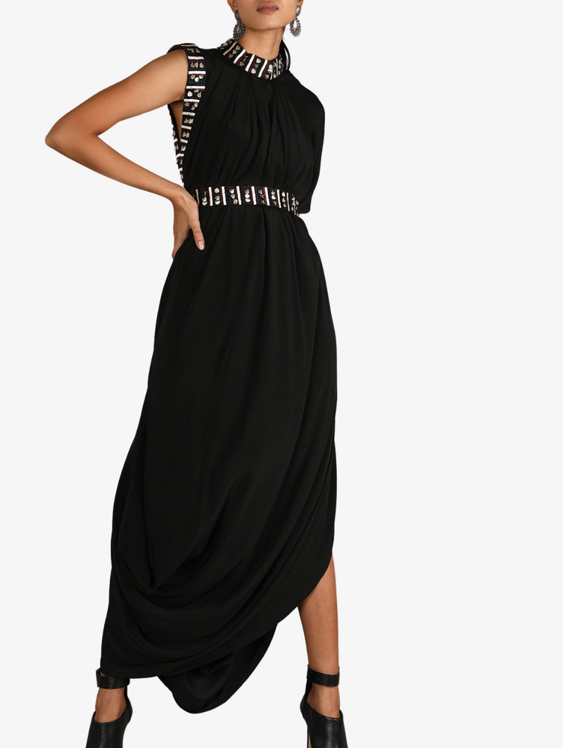 Solid Black Drape Dress With Embroiderey Details