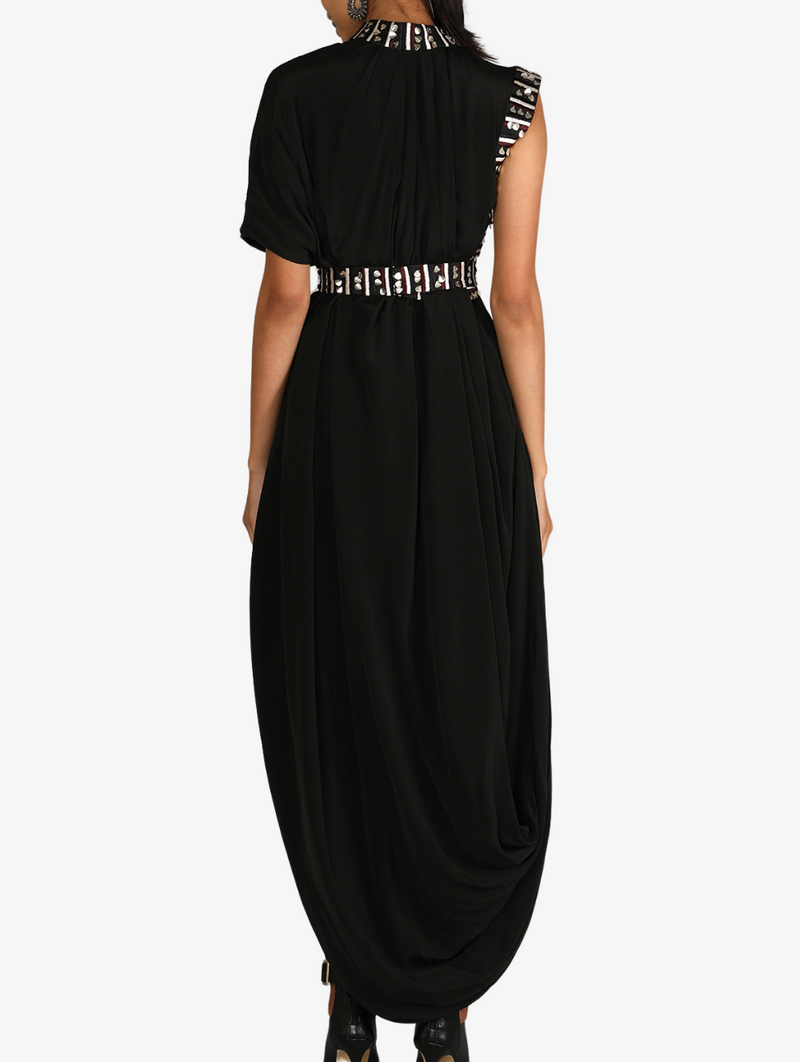 Solid Black Drape Dress With Embroiderey Details