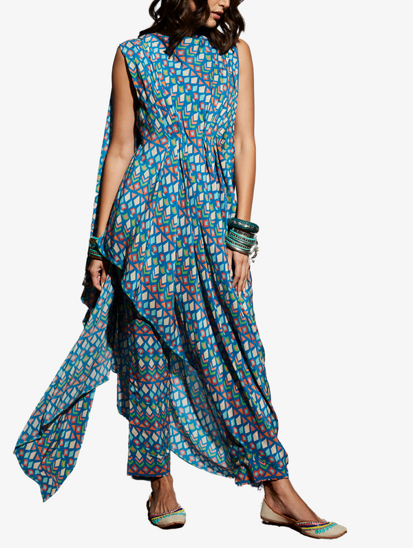Blue Geo Print Attached Drape Crop Top With Trousers