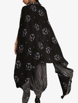 Black Jaali Print Drape Dress With Black Bird Print Cape