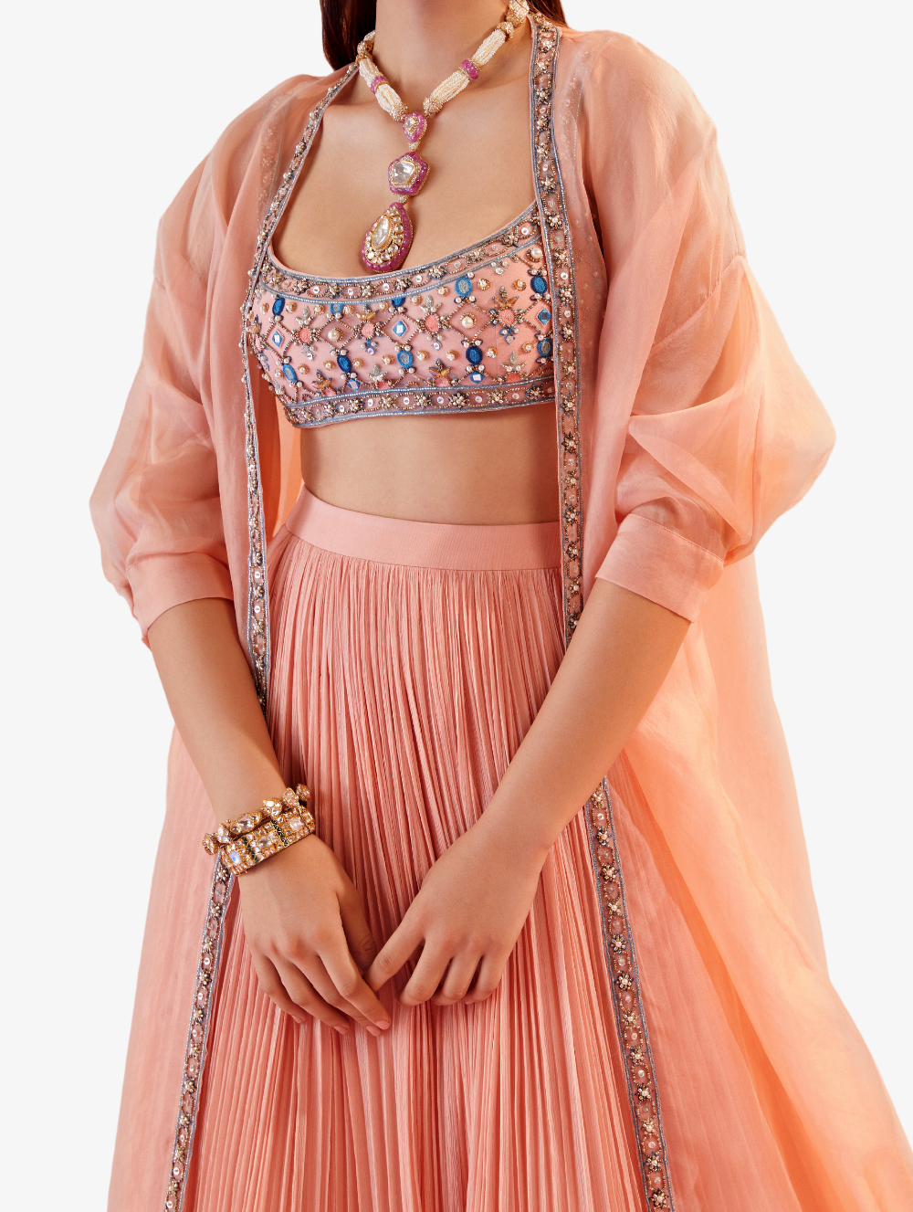 Peach embroidered Blouse + Skirt - Roxann