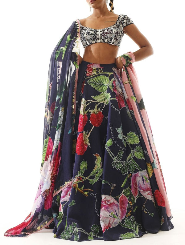Embroidered blouse with printed organza satin Lehenga and Dupatta