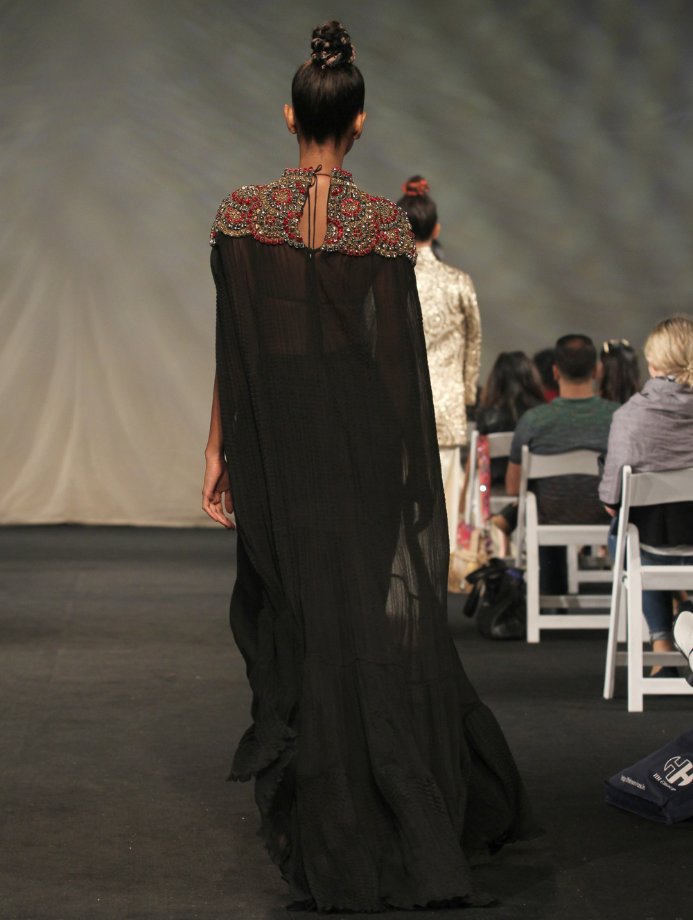Black Chiffon Cape with heavily embroidery and a Dupion Drape