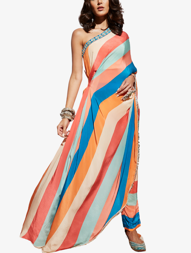 Stripe Print One Shoulder Drape Saree With Trousers