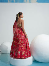 Red Embroidered textured lehenga set