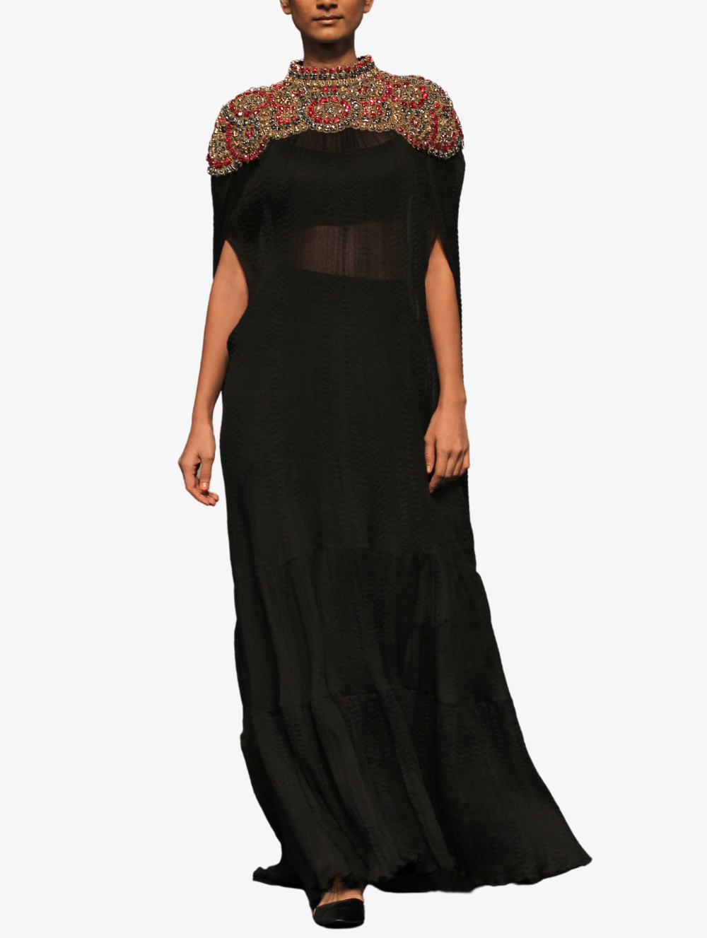 Black Chiffon Cape with heavily embroidery and a Dupion Drape