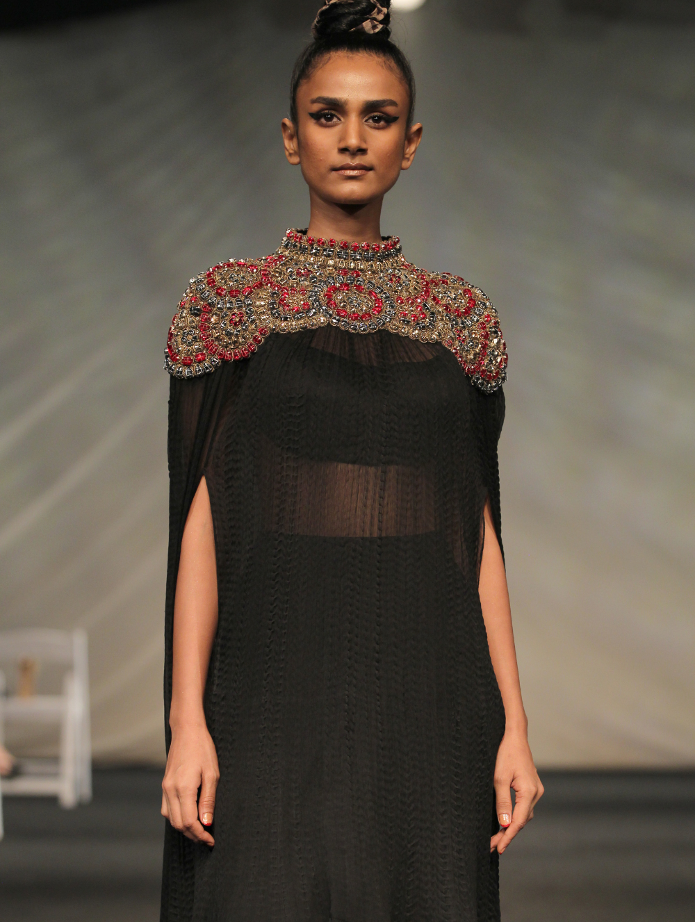 Black Chiffon Cape with heavily embroidery and a Dupion Drape