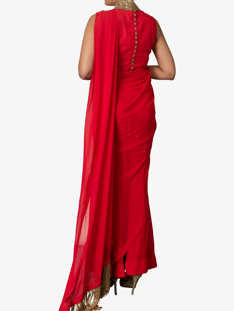 Red drape georgette sari set