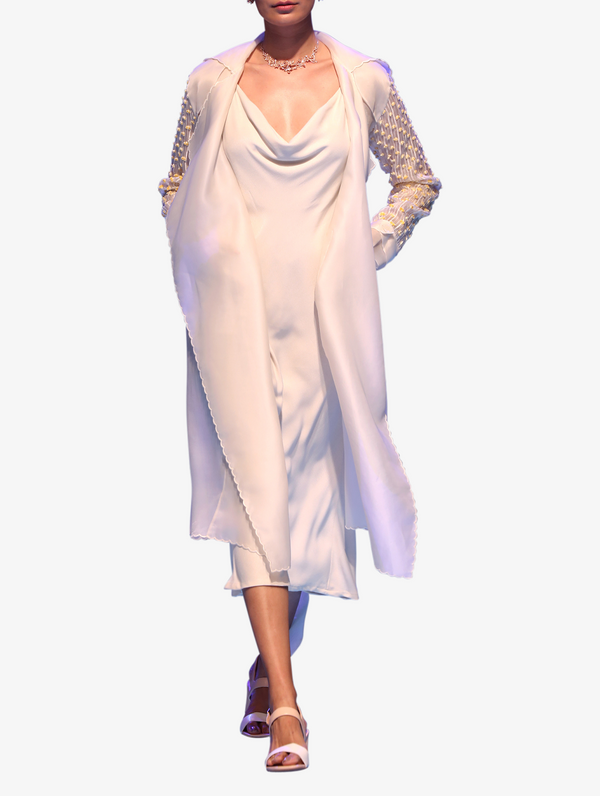 Ivory slip dress with trench coat set