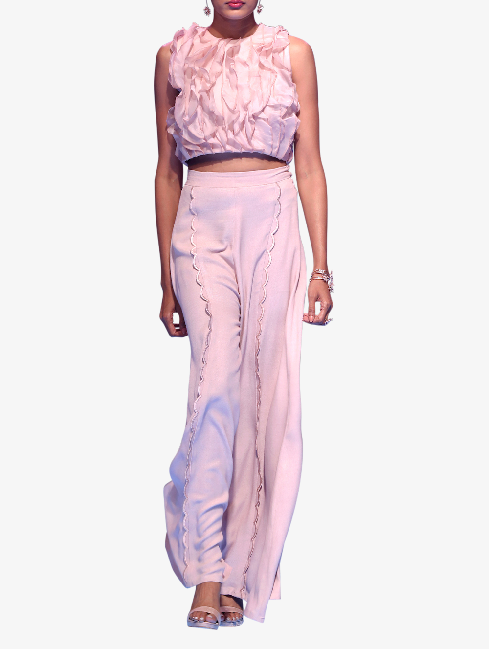 Deluxe organza ruffle top and pink trousers