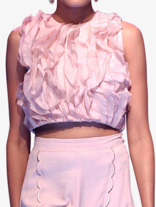 Deluxe organza ruffle top and pink trousers