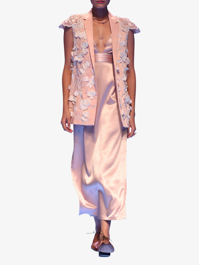 Pink satin slip dress and embroidered jacket