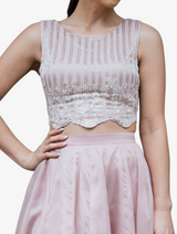 Pink glass bead embroidered crop top and skirt
