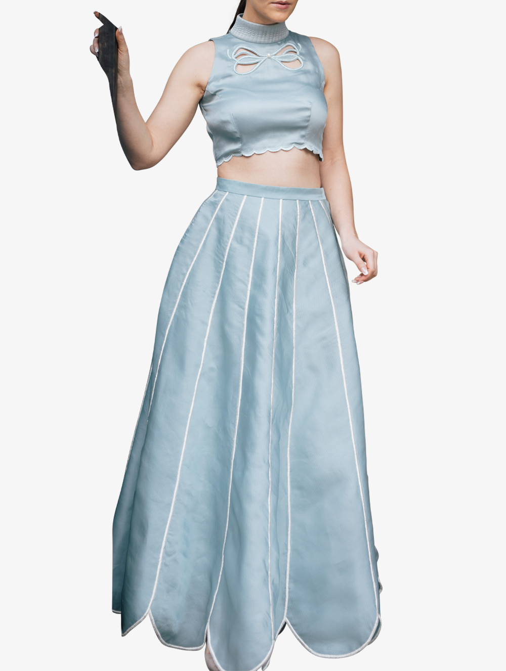 Powder blue bow crop top and skirt