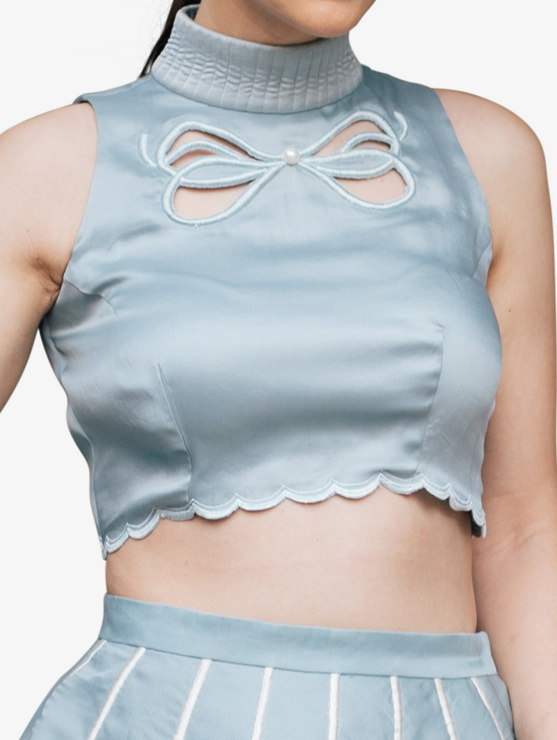 Powder blue bow crop top and skirt