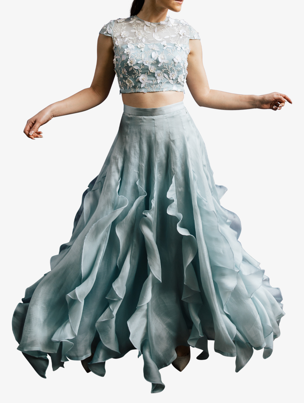 Petal embroidered crop top and ruffle skirt