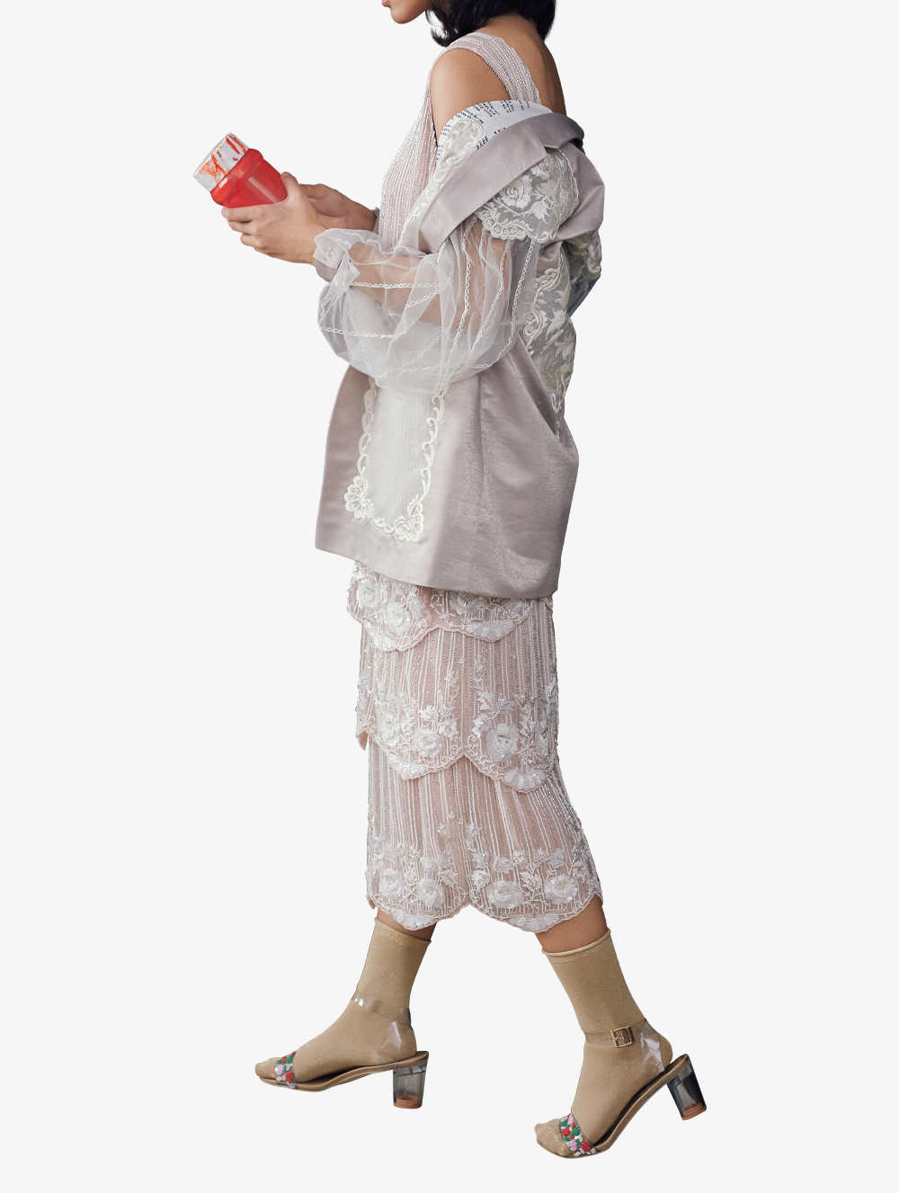 Elegant grey jacket with pink flapper dress