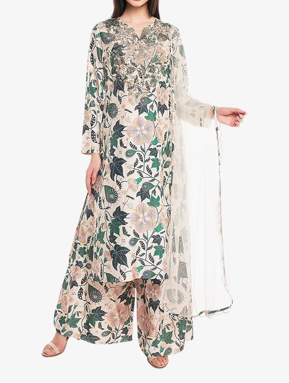 White abutlion print kurta set with net dupatta