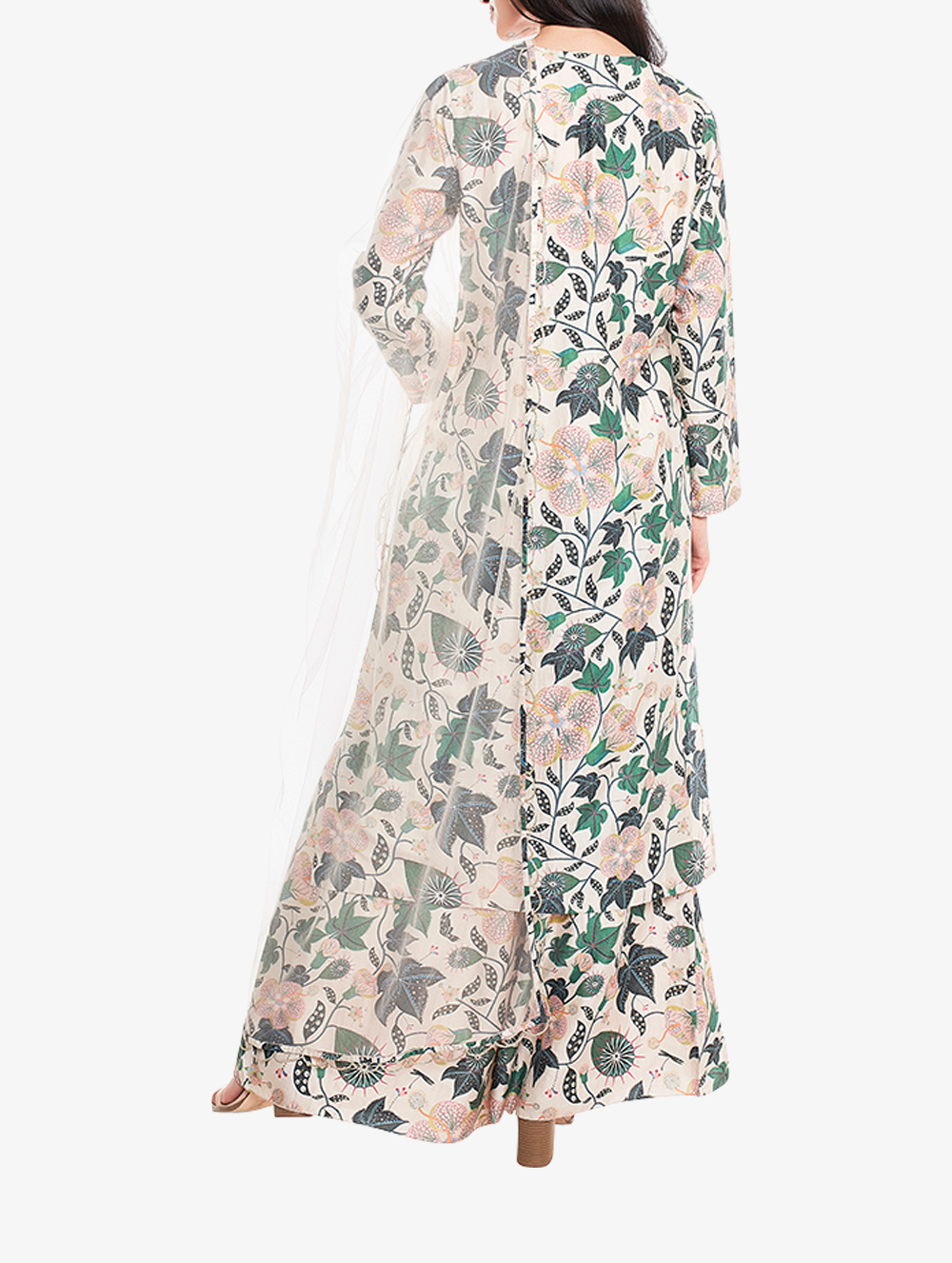White abutlion print kurta set with net dupatta