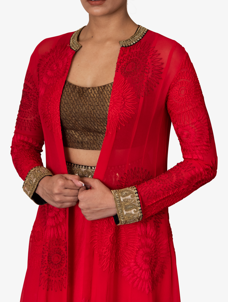 3 Piece set with a red georgette jacket