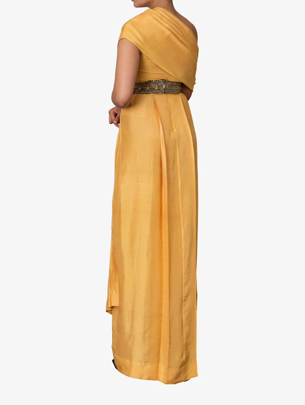 Yellow dupion silk one-shoulder dress and belt