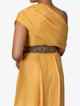 Yellow dupion silk one-shoulder dress and belt