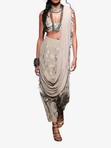 Grey crepe patch work embroidered choli with folk-embroidered low crotch trousers with attached mukaish georgette drape