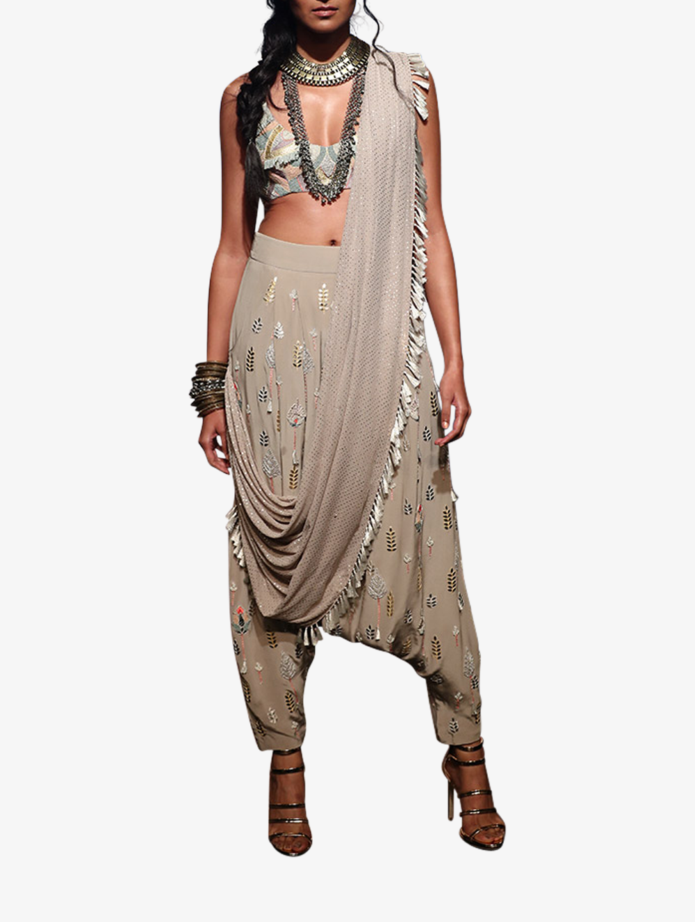 Grey choli with low crotch trousers and Drape