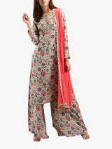 Khaki chidiya print embroidered kurta with palazzo and lace dupatta