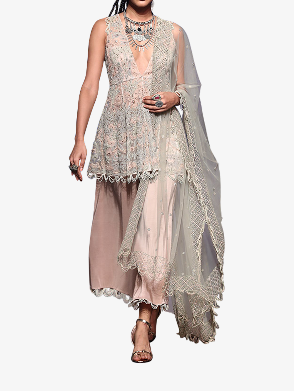 Off-white organza embroidered anarkali top with rose pink linking and silk palazzo with mint net dupatta