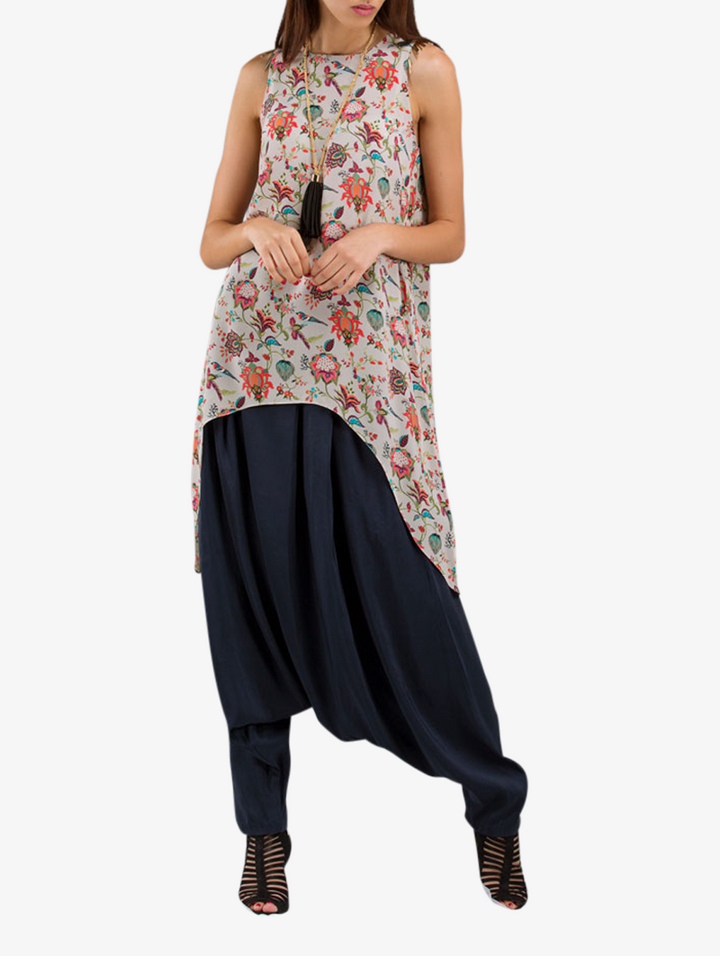 Khaki anaar print crepe tunic with navy silk crotch trousers