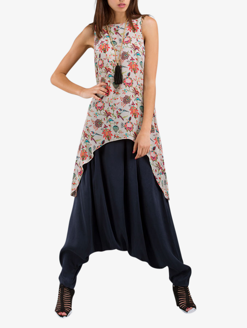 Khaki anaar print crepe tunic with navy silk crotch trousers