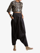 Black dupion silk mirror and leather embroidered crop top and low crotch trousers