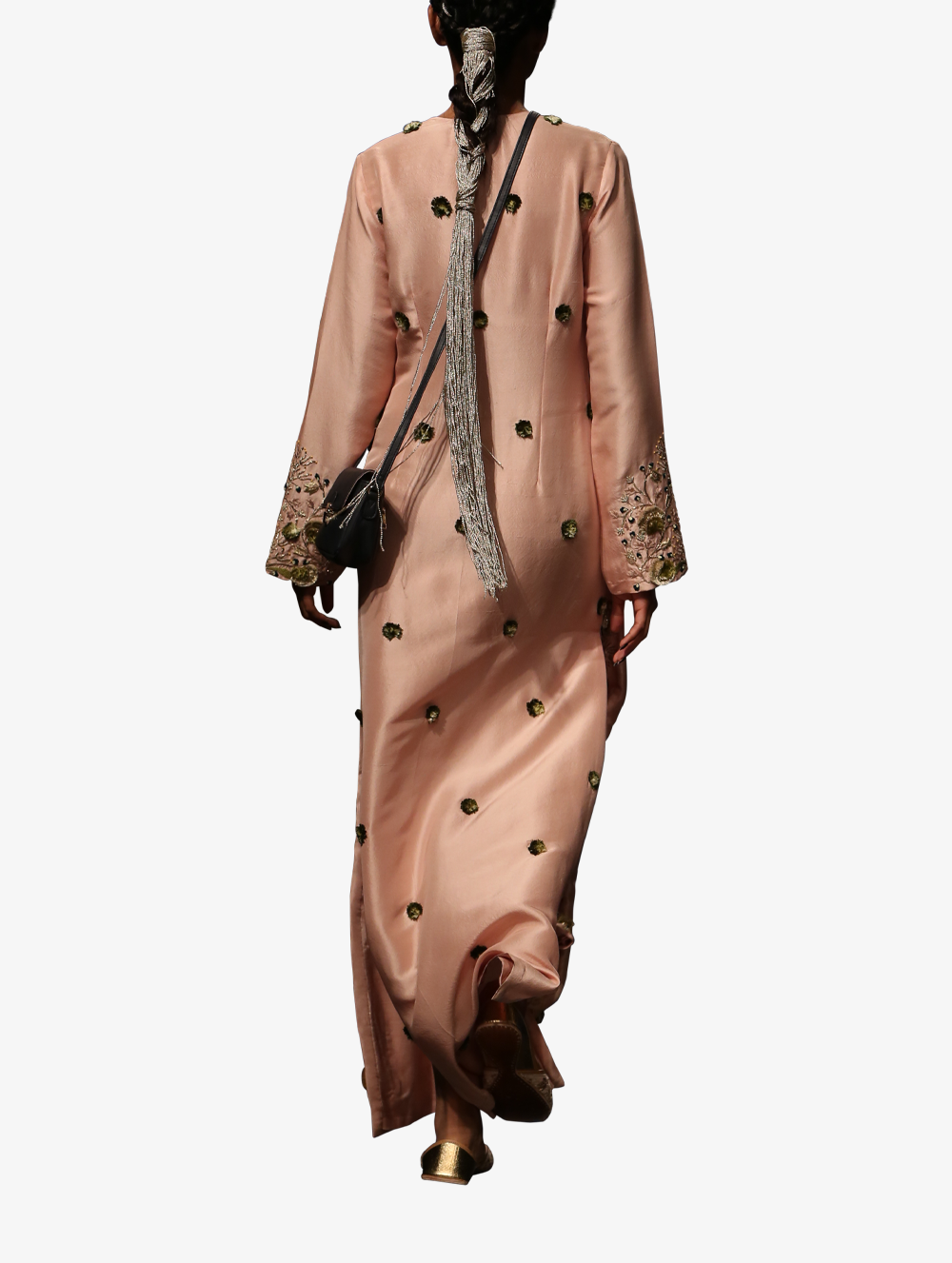 Dusky rose silk embroidered full length kaftan